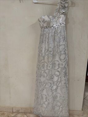 Aqua One-Shoulder Silver White Sequin Maxi Dress